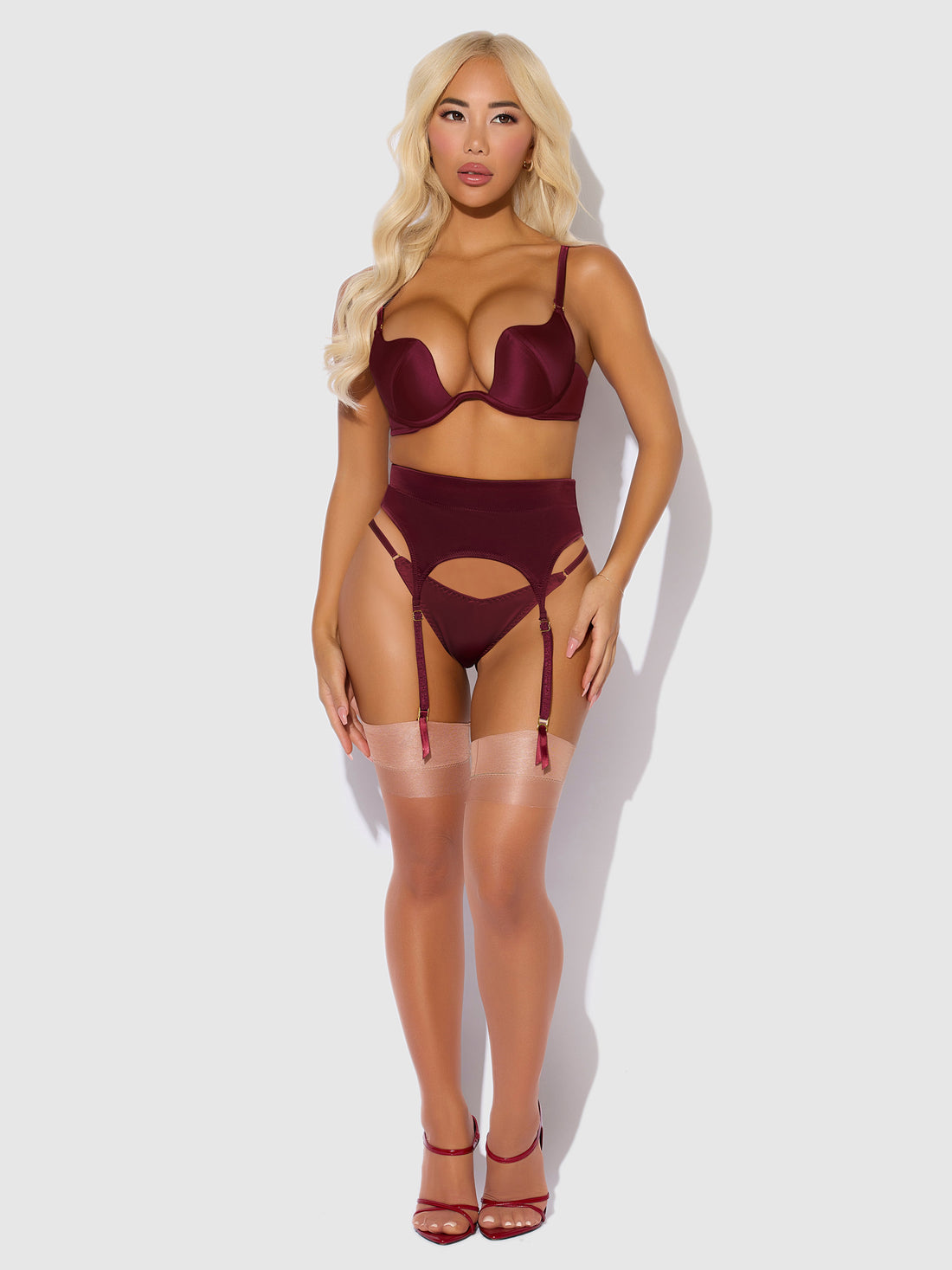 House of Desire Brigeta Satin Deep Plunge Push Up Bra, Garter & Thong Set Burgundy