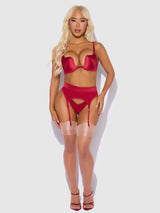 House of Desire Brigeta Satin Deep Plunge Push Up Bra, Garter & Thong Set Crimson Red