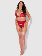 House of Desire Brigeta Satin Deep Plunge Push Up Bra, Garter & Thong Set Crimson Red