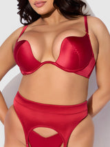 House of Desire Brigeta Satin Deep Plunge Push Up Bra, Garter & Thong Set Crimson Red