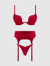 House of Desire Brigeta Satin Deep Plunge Push Up Bra, Garter & Thong Set Crimson Red