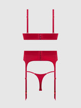 House of Desire Brigeta Satin Deep Plunge Push Up Bra, Garter & Thong Set Crimson Red