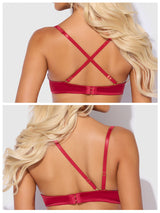 House of Desire Brigeta Satin Deep Plunge Push Up Bra, Garter & Thong Set Crimson Red