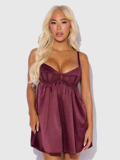 House of Desire Brigeta Satin & Mesh Corsetted Babydoll Set Burgundy