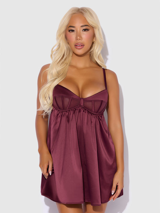 House of Desire Brigeta Satin & Mesh Corsetted Babydoll Set Burgundy