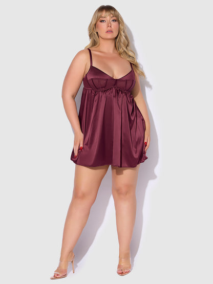 House of Desire Brigeta Satin & Mesh Corsetted Babydoll Set Burgundy