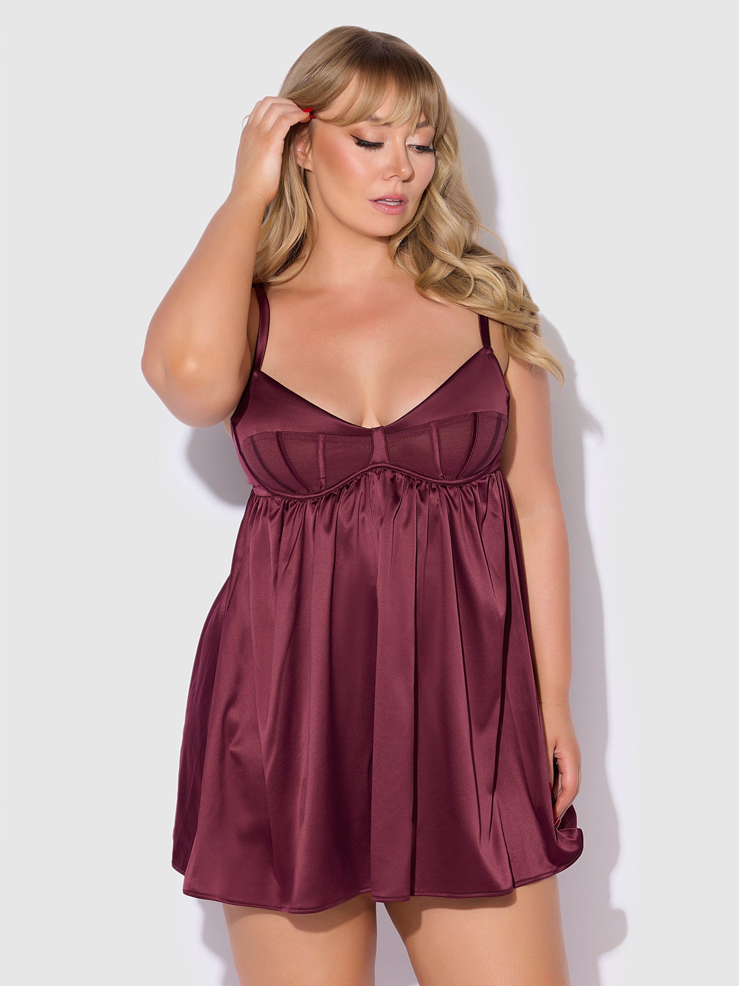 House of Desire Brigeta Satin & Mesh Corsetted Babydoll Set Burgundy