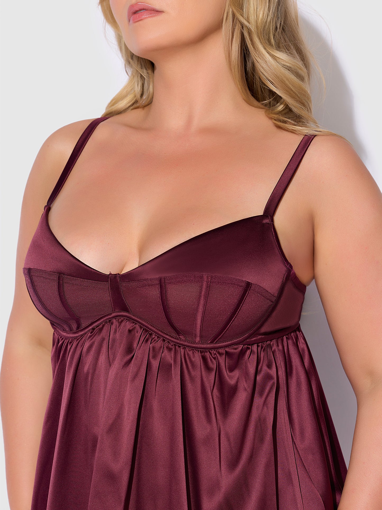 House of Desire Brigeta Satin & Mesh Corsetted Babydoll Set Burgundy