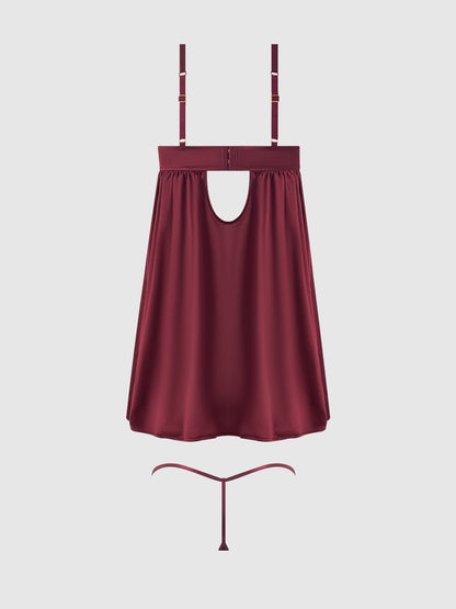 House of Desire Brigeta Satin & Mesh Corsetted Babydoll Set Burgundy