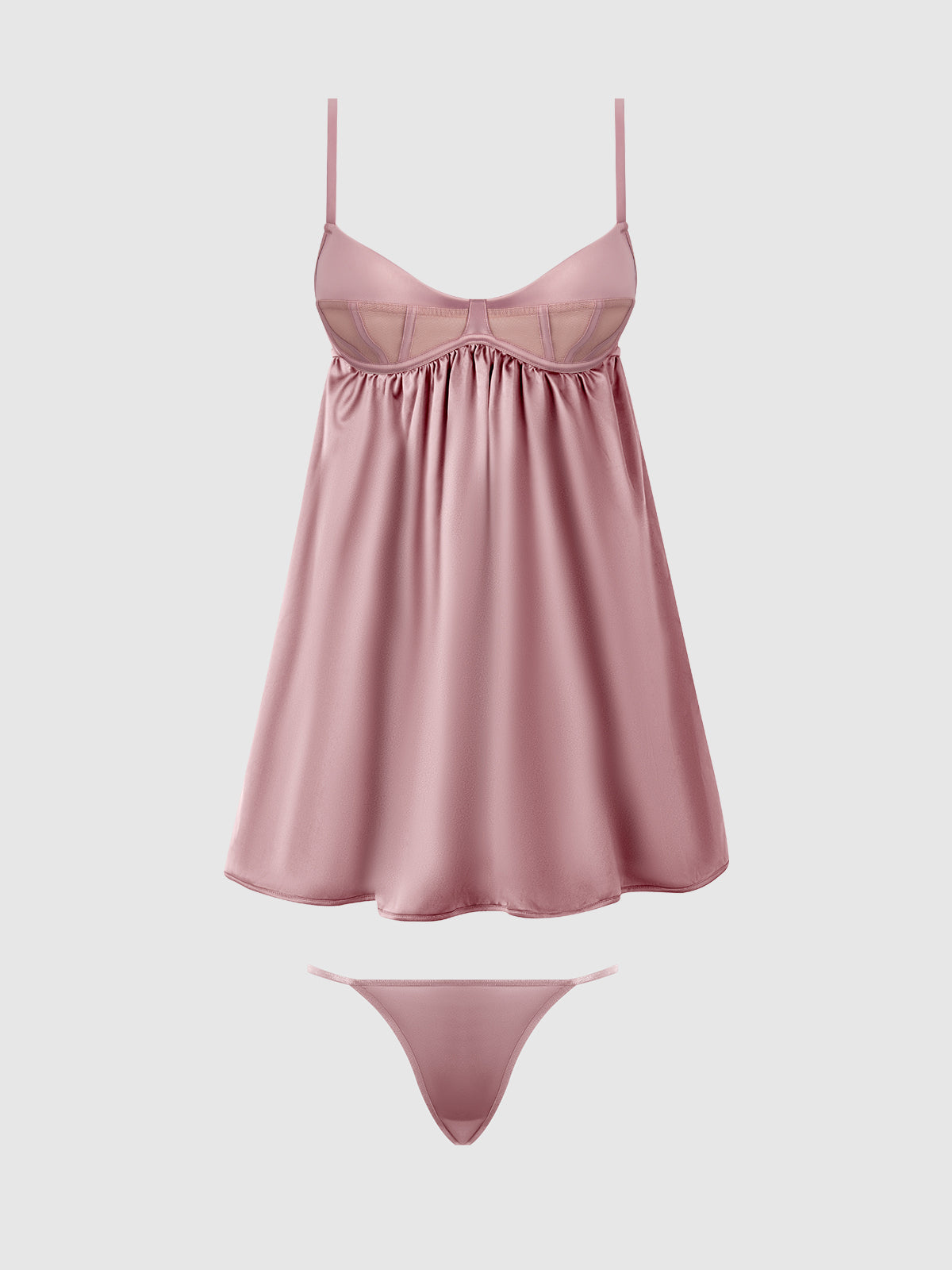 House of Desire Brigeta Satin & Mesh Corsetted Babydoll Set Mauve