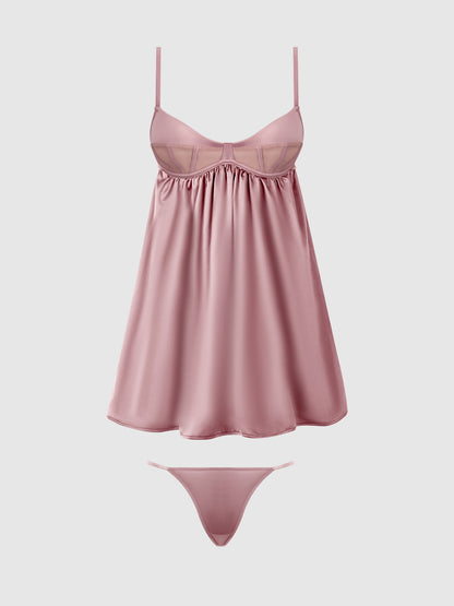 House of Desire Brigeta Satin & Mesh Corsetted Babydoll Set Mauve