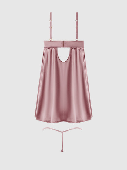 House of Desire Brigeta Satin & Mesh Corsetted Babydoll Set Mauve