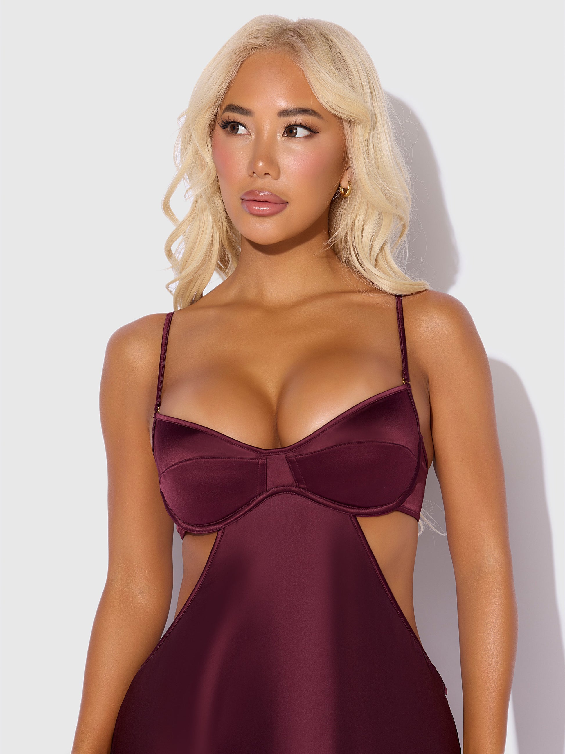 House of Desire Brigeta Satin Mono Wire Long Gown Burgundy