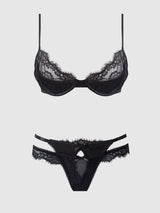 House of Desire Madeline Satin & Lace Push Up Bra & G-string Set Black