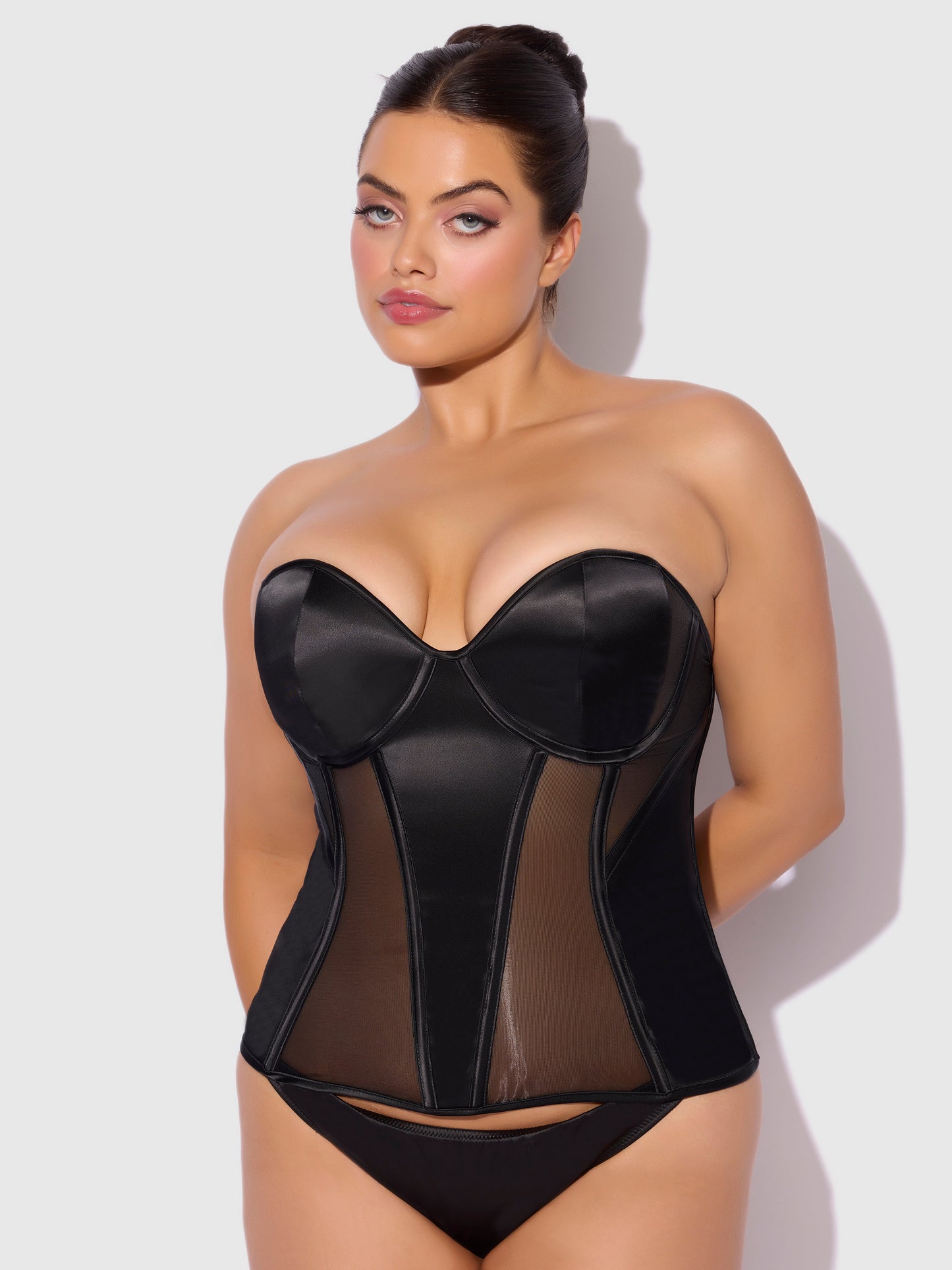 House of Desire Juliet Satin & Mesh Plunge Underwire Corset Black