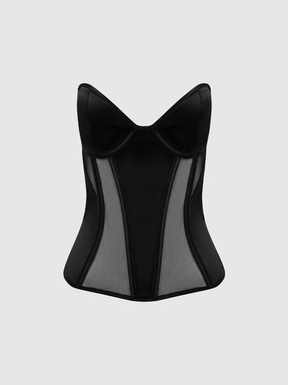 House of Desire Juliet Satin & Mesh Plunge Underwire Corset Black