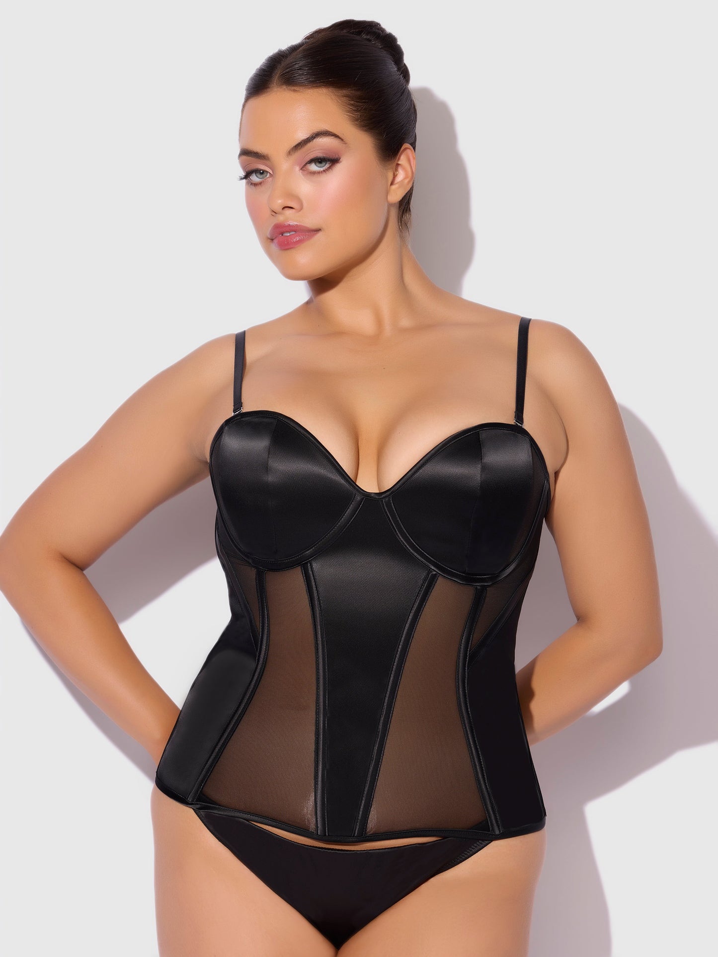 House of Desire Juliet Satin & Mesh Plunge Underwire Corset Black