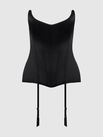 House of Desire Juliet Satin Full Boning Scoop Neck Corset Black