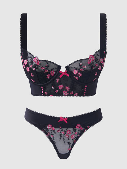 House of Desire Harper Embroidery Mesh Bra Set Black with Pink Flowers