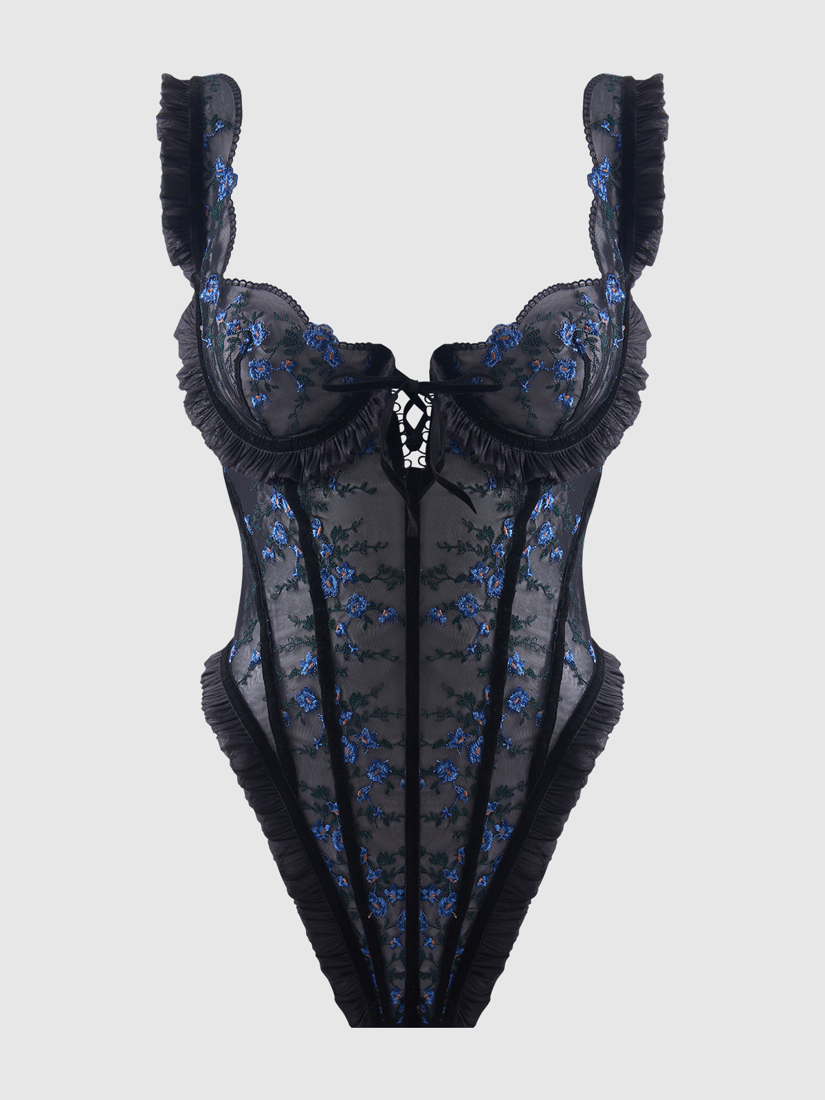 House of Desire Harper See Through Embroidery Mesh Teddy Black with Blue Flowers