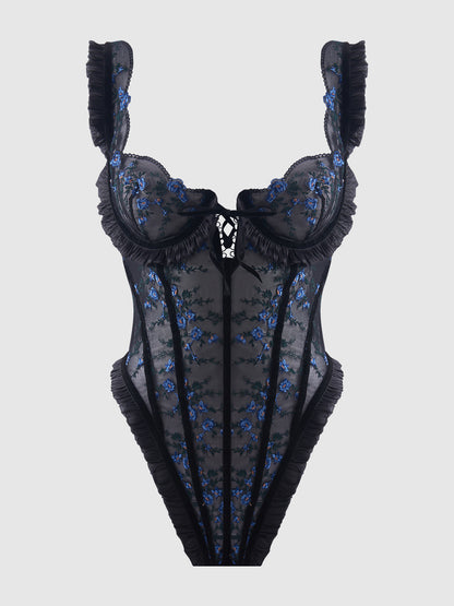 House of Desire Harper See Through Embroidery Mesh Teddy Black with Blue Flowers