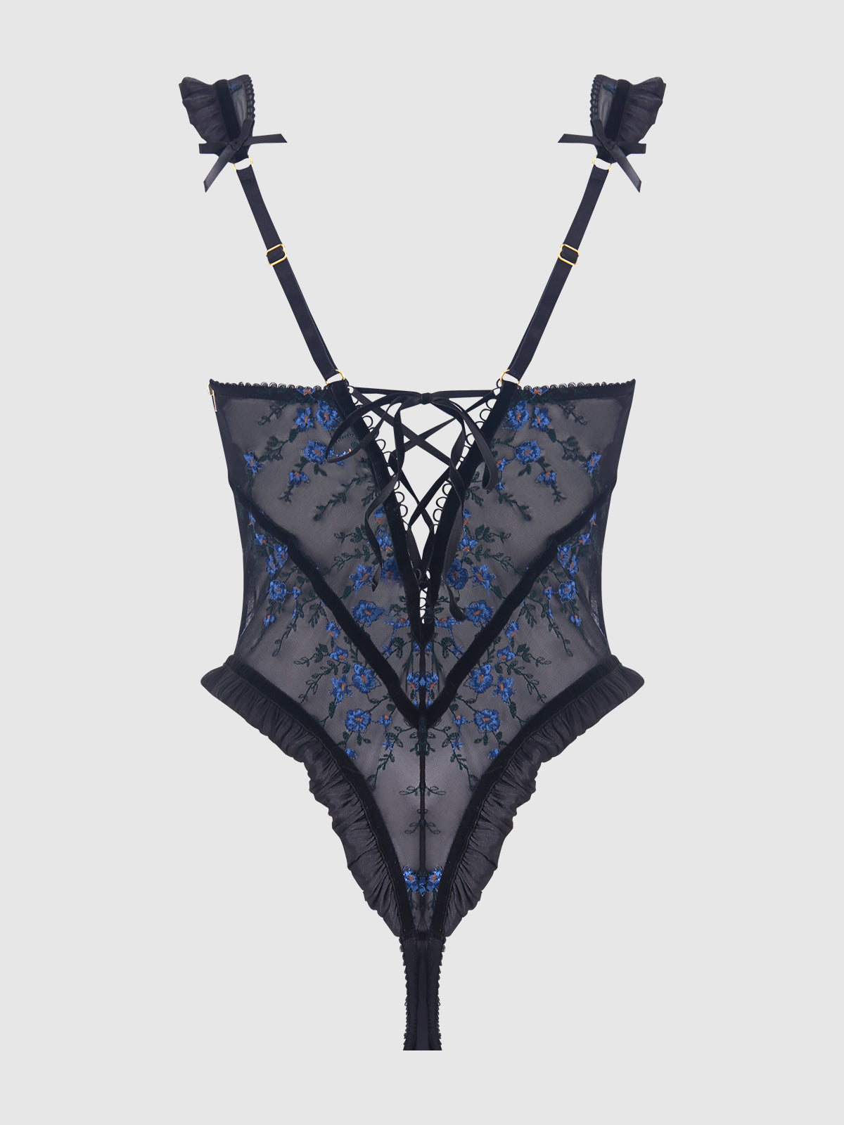 House of Desire Harper See Through Embroidery Mesh Teddy Black with Blue Flowers