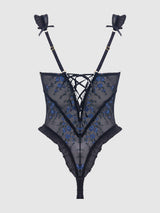 House of Desire Harper Embroidered Mesh & Ruffle Teddy Black & Blue Flower