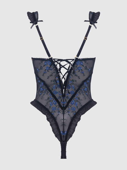 House of Desire Harper See Through Embroidery Mesh Teddy Black with Blue Flowers