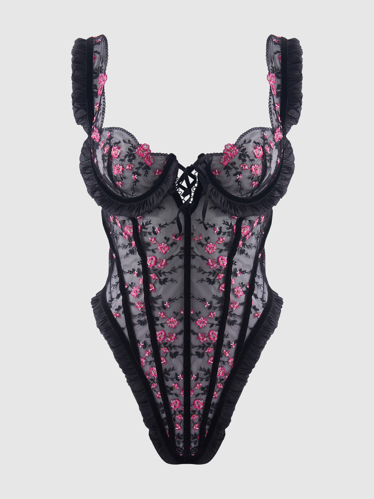House of Desire Harper See Through Embroidery Mesh Teddy Black with Pink Flowers
