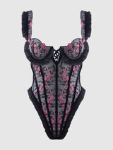 House of Desire Harper Embroidered Mesh & Ruffle Teddy Black & Pink Dragon