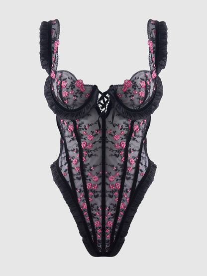 House of Desire Harper See Through Embroidery Mesh Teddy Black with Pink Flowers