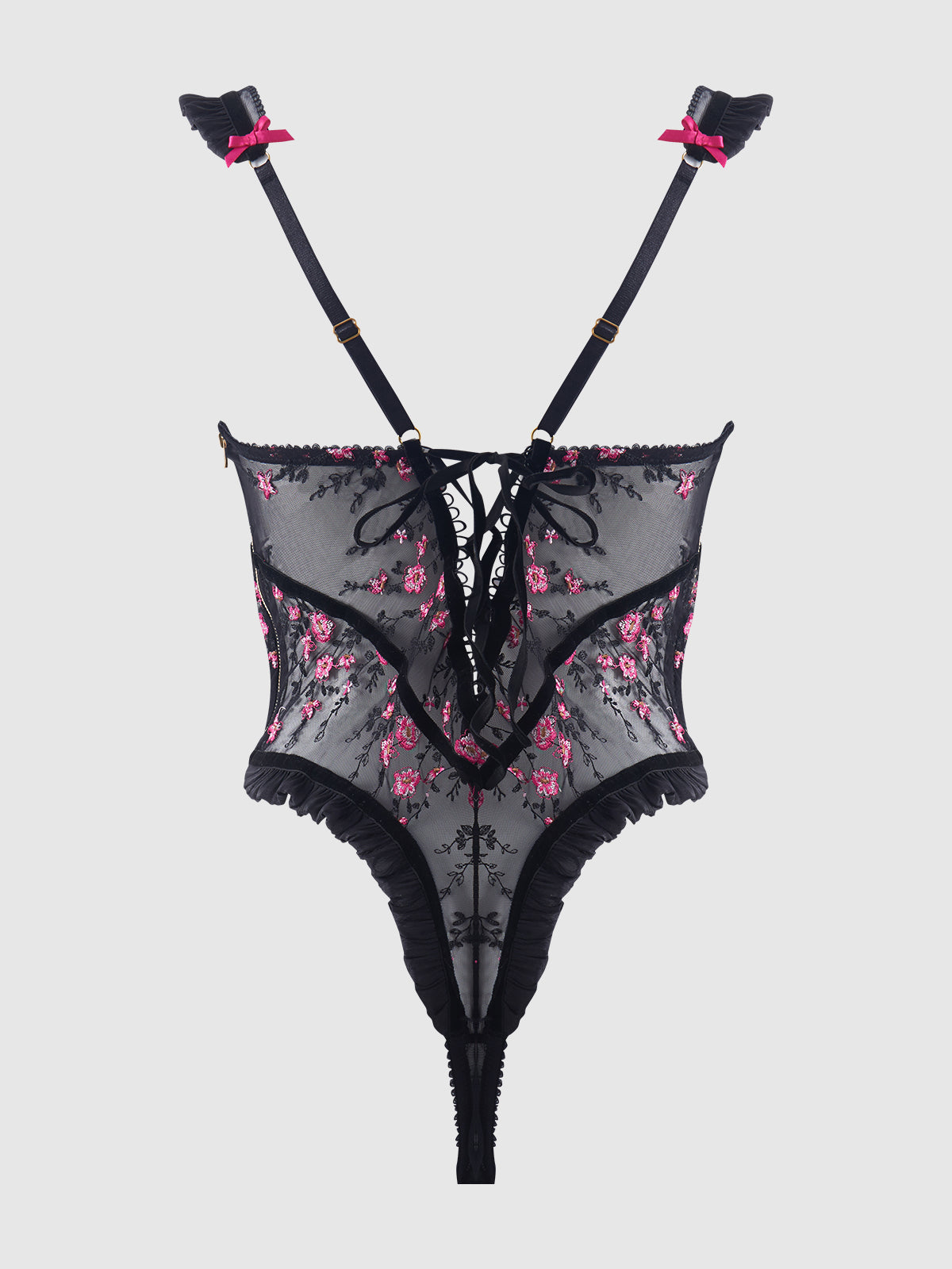 House of Desire Harper See Through Embroidery Mesh Teddy Black with Pink Flowers