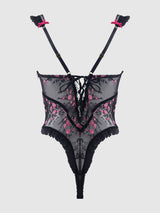 House of Desire Harper Embroidered Mesh & Ruffle Teddy Black & Pink Dragon