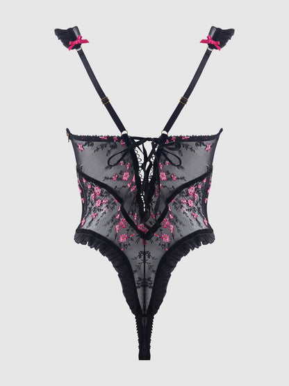 House of Desire Harper See Through Embroidery Mesh Teddy Black with Pink Flowers