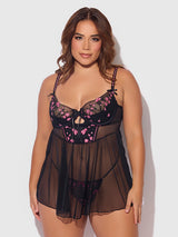 House of Desire Harper Embroidered Mesh Drop Waist Babydoll & G-string Set Black & Pink Dragon