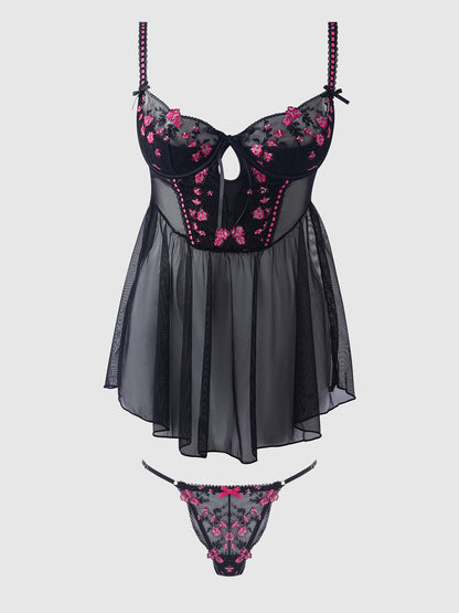 House of Desire Harper See Through Embroidery Mesh Babydoll Set Black with Pink Flowers