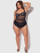 House of Desire Harper Embroidered Mesh Side Cinch Chemise & G-string Set Black & Blue Flower