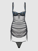 House of Desire Harper Embroidered Mesh Side Cinch Chemise & G-string Set Black & Blue Flower