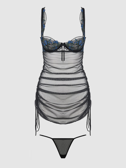 House of Desire Harper See Through Embroidery Mesh Chemise Set Black with Blue Flowers