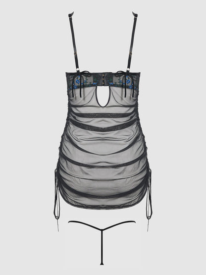 House of Desire Harper See Through Embroidery Mesh Chemise Set Black with Blue Flowers