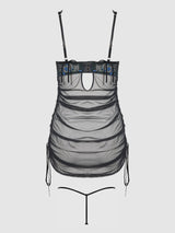 House of Desire Queen Harper Embroidered Mesh Side Cinch Chemise & G-string Set Black & Blue Flower