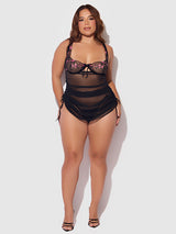 House of Desire Harper Embroidered Mesh Side Cinch Chemise & G-string Set Black & Pink Dragon