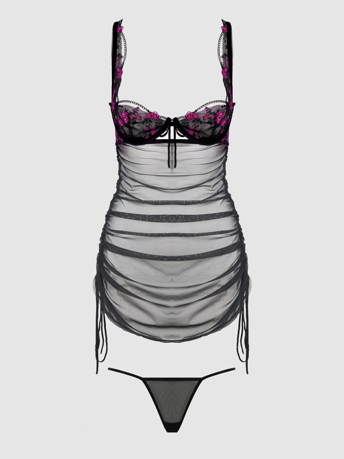 House of Desire Harper See Through Embroidery Mesh Chemise Set Black with Pink Flowers