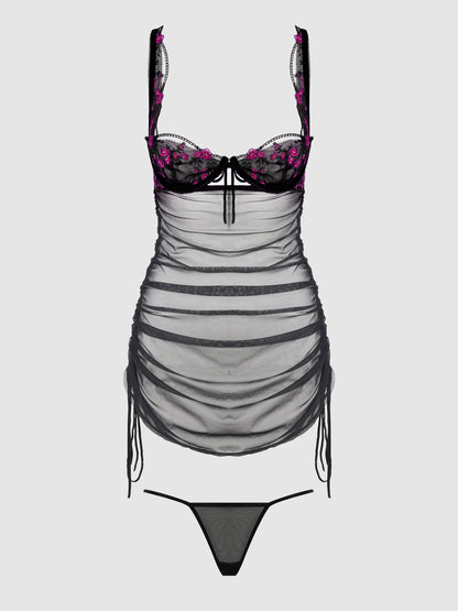 House of Desire Harper See Through Embroidery Mesh Chemise Set Black with Pink Flowers