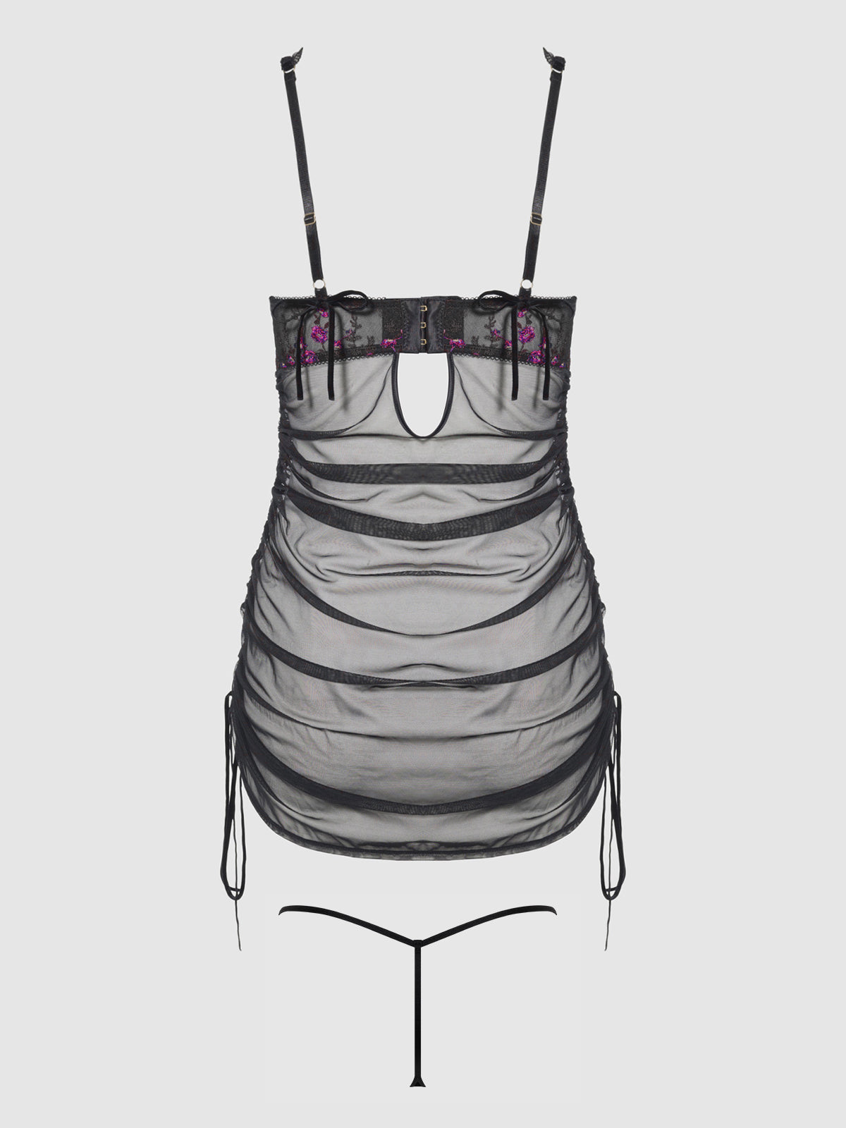 House of Desire Harper See Through Embroidery Mesh Chemise Set Black with Pink Flowers