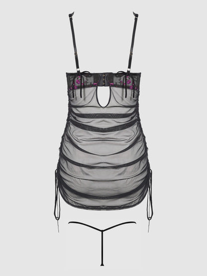 House of Desire Harper See Through Embroidery Mesh Chemise Set Black with Pink Flowers