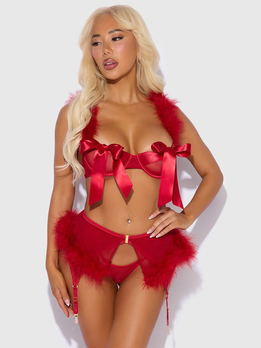 House of Desire Marilyn Marabou & Mesh Openable Cups Bra Set Crimson Red