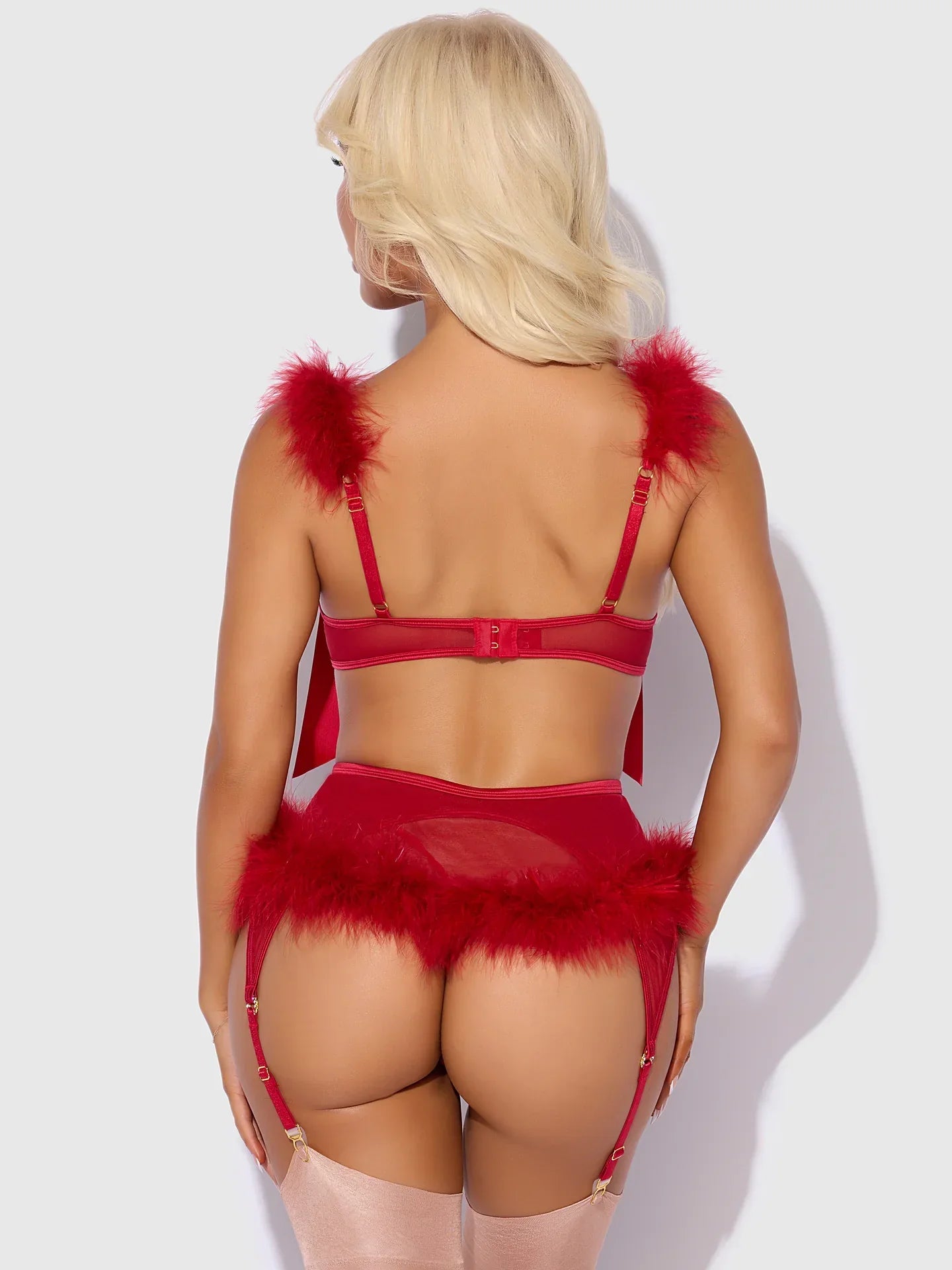 House of Desire Marilyn Marabou & Mesh Openable Cups Bra Set Crimson Red