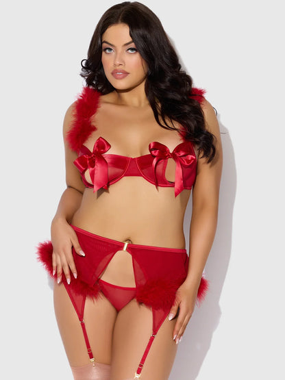 House of Desire Marilyn Marabou & Mesh Openable Cups Bra Set Crimson Red