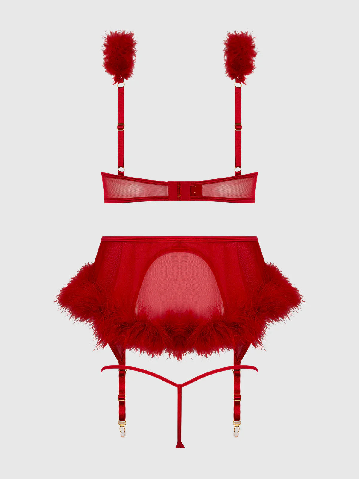 House of Desire Marilyn Marabou & Mesh Openable Cups Bra Set Crimson Red